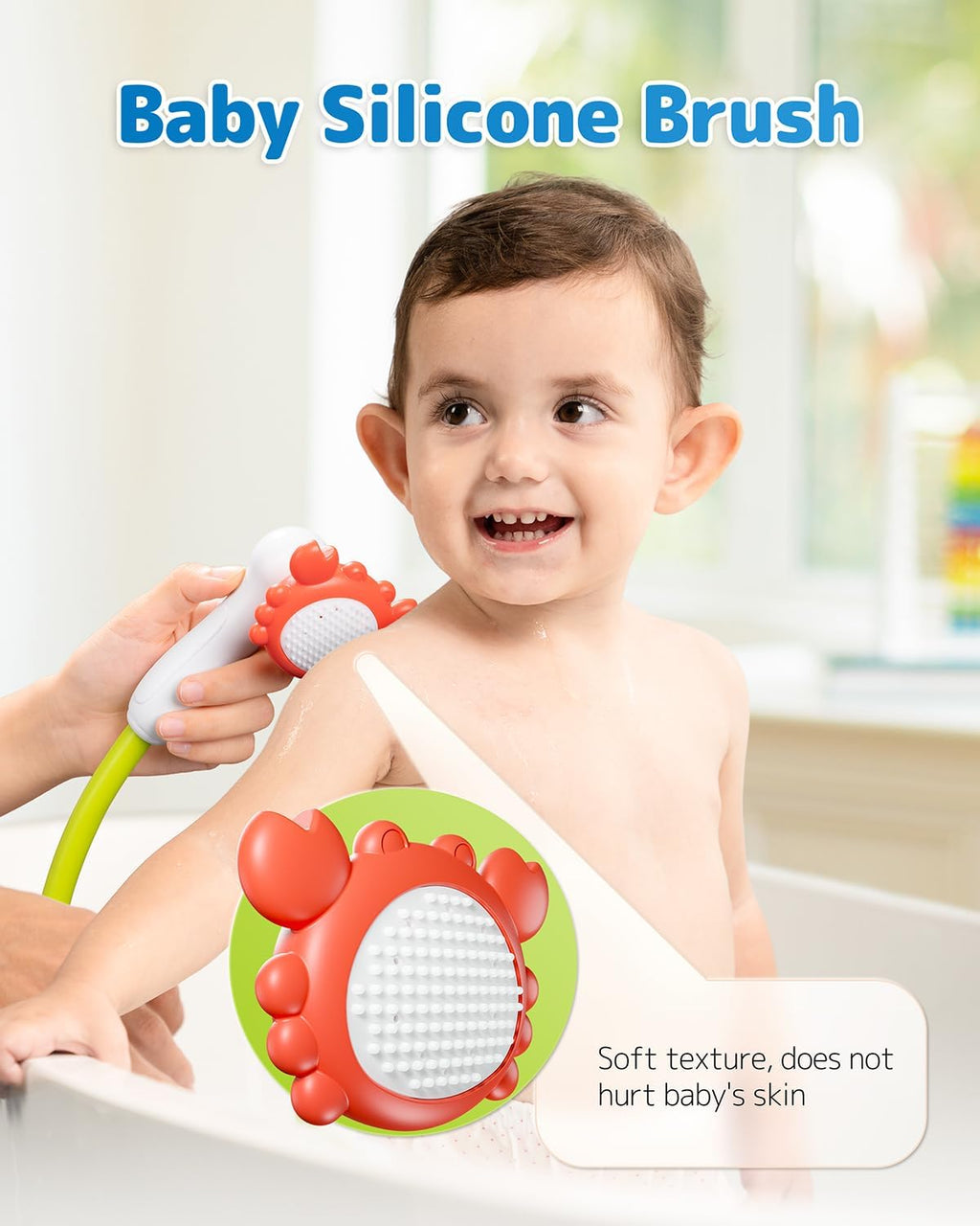Baby Bath Shower Head with Water Thermometer, 3-in-1 Rechargeable Bath Toys, 3 Exchangable Shower Heads and Soft