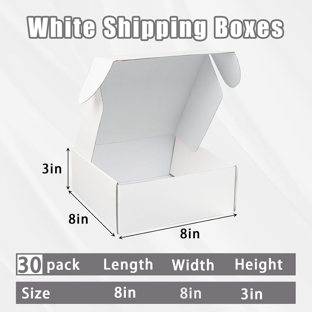 8x8x3 Shipping Boxes, 30 Pack White Mailer Boxes for Small Business, Medium Corrugated Cardboard Boxes for Mailing &