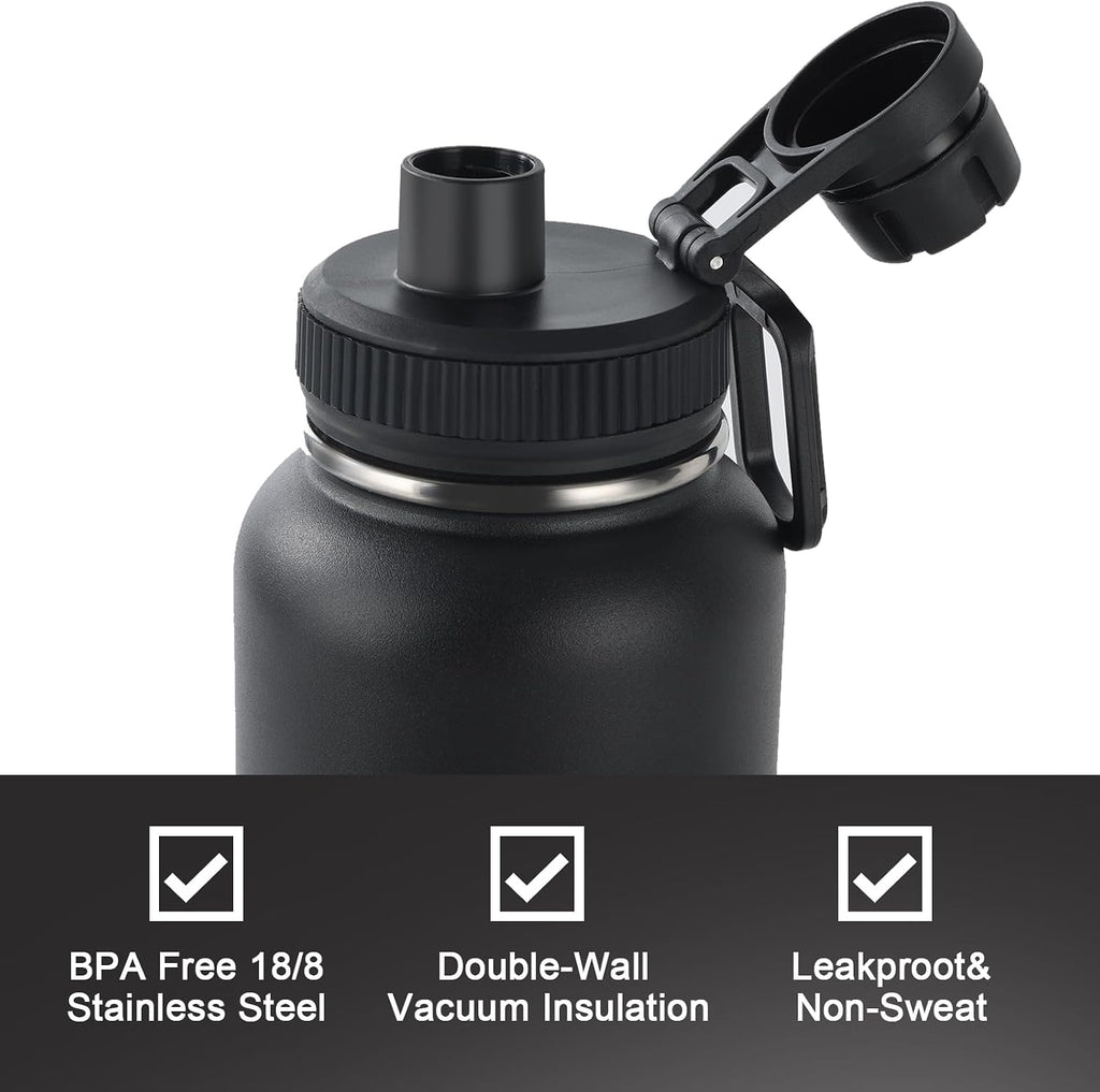 32oz Insulated Water Bottle for Sports, Keep Cold 24H | 2-in-1 Spout and Handle Lids, Double Leak-Proof, 18/8