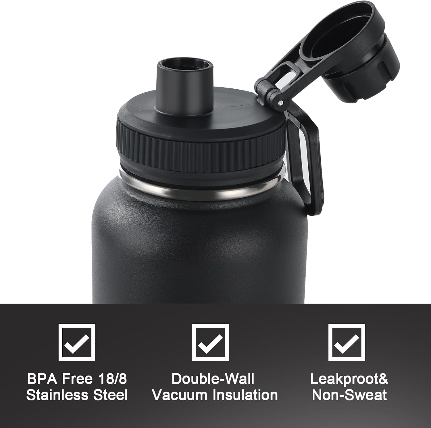 32oz Insulated Water Bottle for Sports, Keep Cold 24H | 2-in-1 Spout and Handle Lids, Double Leak-Proof, 18/8