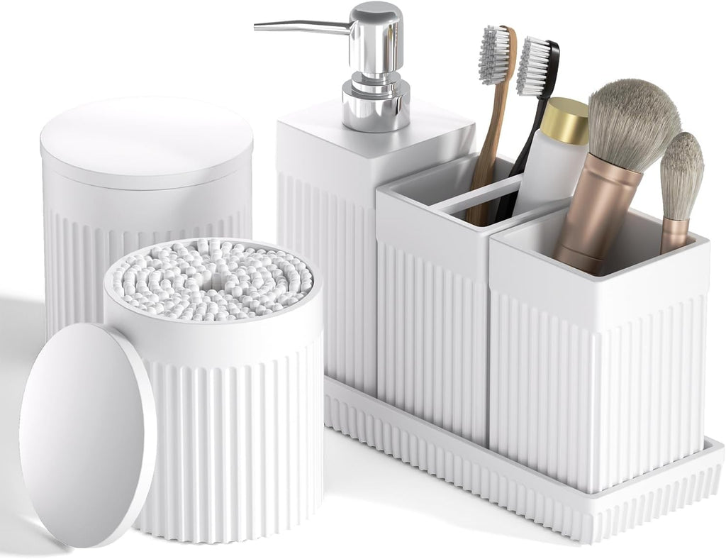 6-Piece White Bathroom Set - Modern Resin Bathroom Accessories Set with Soap Dispenser, Toothbrush Holder, Vanity