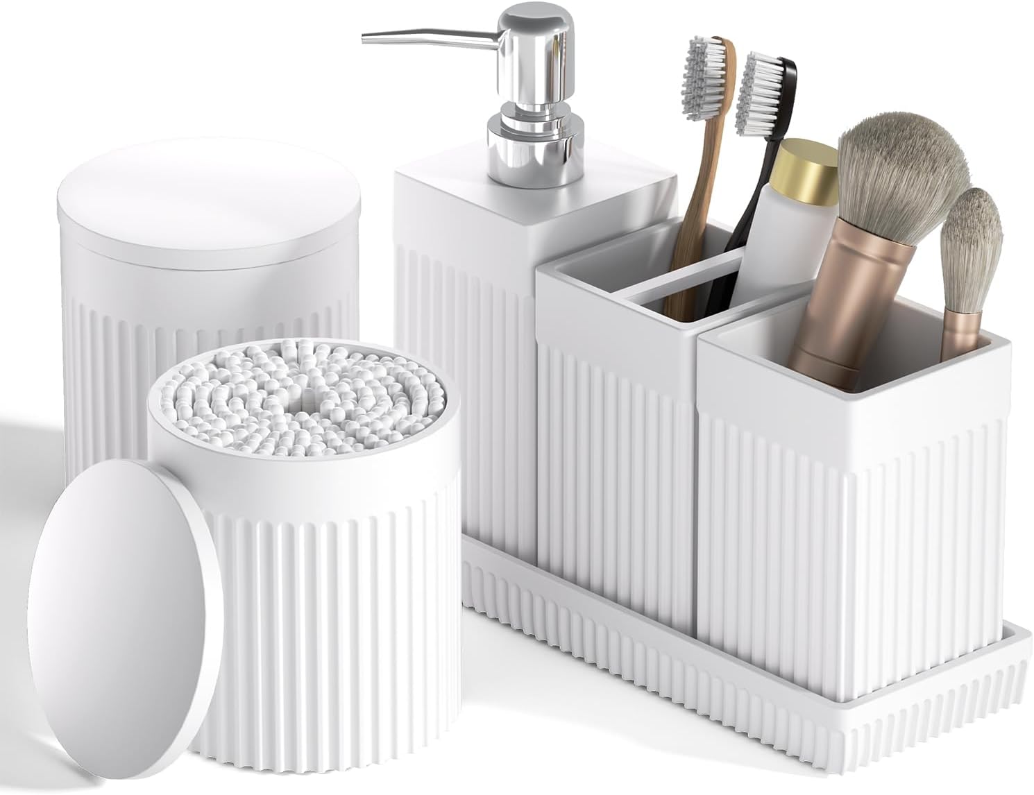 6-Piece White Bathroom Set - Modern Resin Bathroom Accessories Set with Soap Dispenser, Toothbrush Holder, Vanity