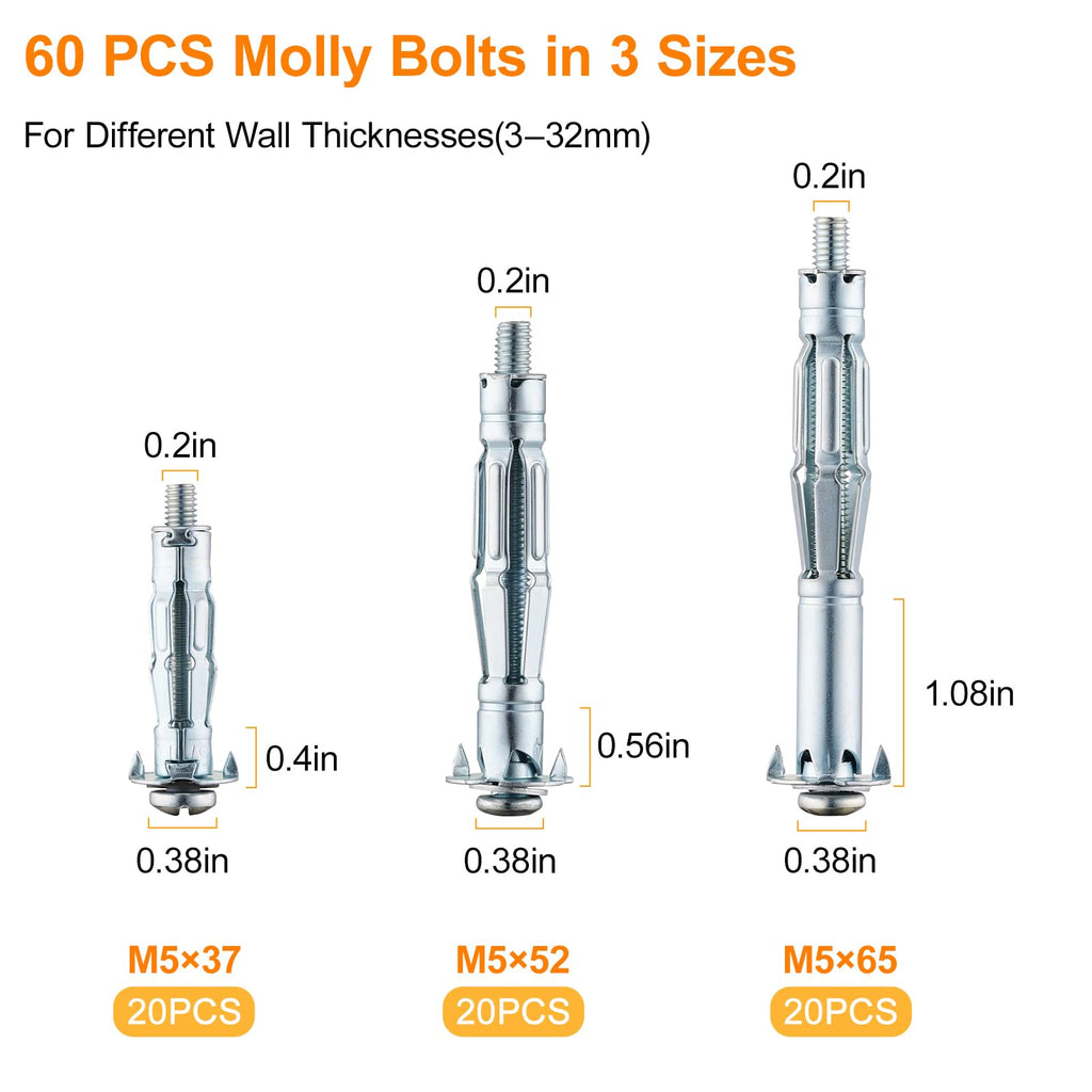 60PCS Molly Bolts Kit, Hollow Wall Anchor Assortment for Drywall