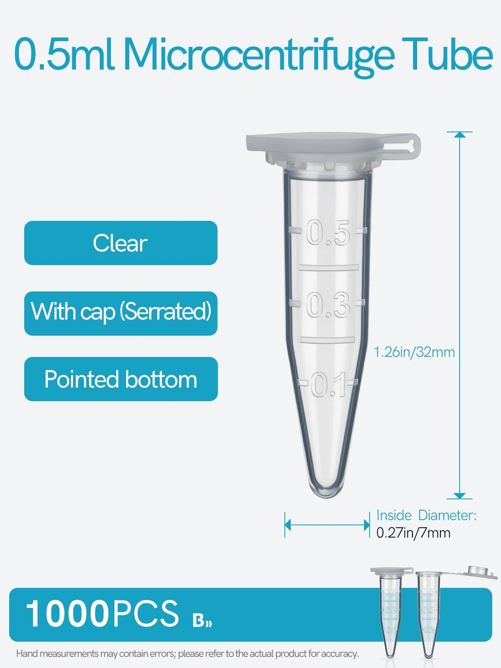 0.5ml Microcentrifuge Tubes 1000PCS, Max. RCF 13,000xg