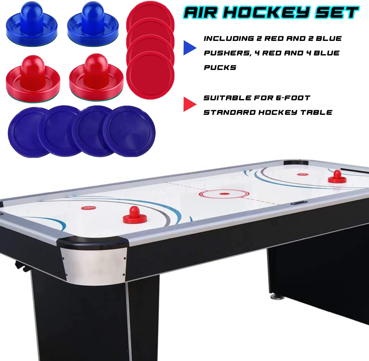 Air Hockey Pucks and Paddles Set with Replacement Accessories | 4 Red & 4 Blue Pucks with 2 Red & 2 Blue Paddles