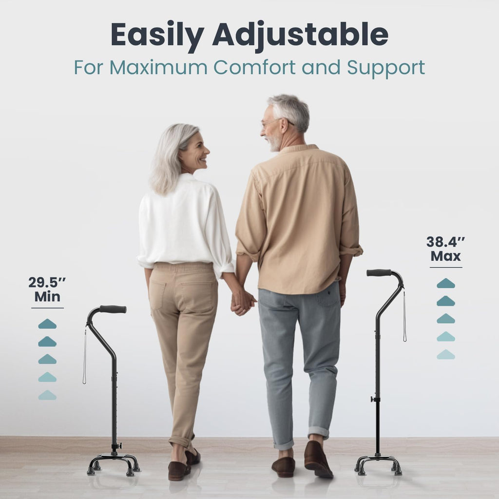 Quad Cane (300 lb) - Adjustable Walking Cane with A Large 4 Pronged Base for Extra Balance & Stability, Walking Canes