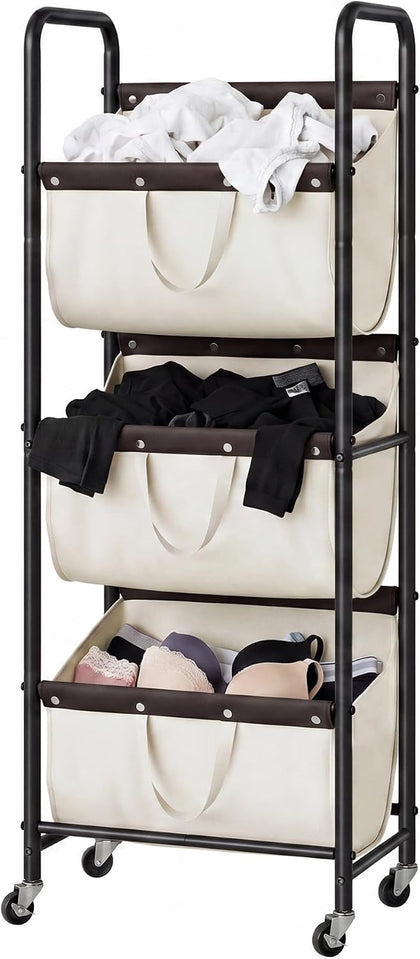 3 Tiered Laundry Sorter, Narrow Hamper Cart with Wheels | Sturdy 3 Section Laundry Basket with Wheels, Vertical Beige
