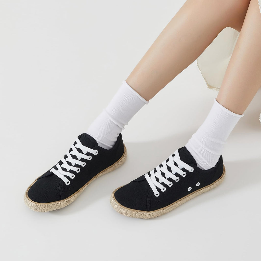 Women's Canvas Sneakers, Low Top Lace Up with Cushion(Black.US08.5)