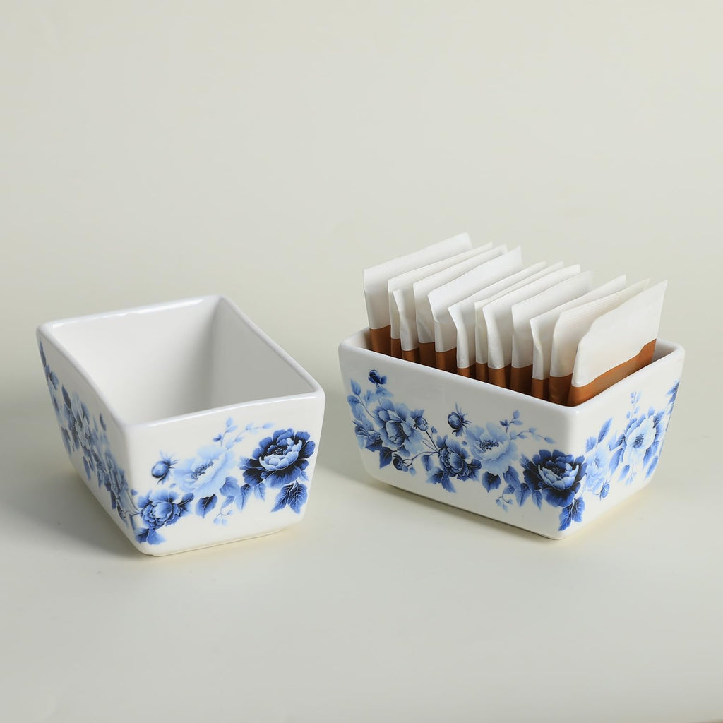 2 Pcs Blue and White Porcelain Sugar Packet Holder Tea Bag Bowl, 5 Oz