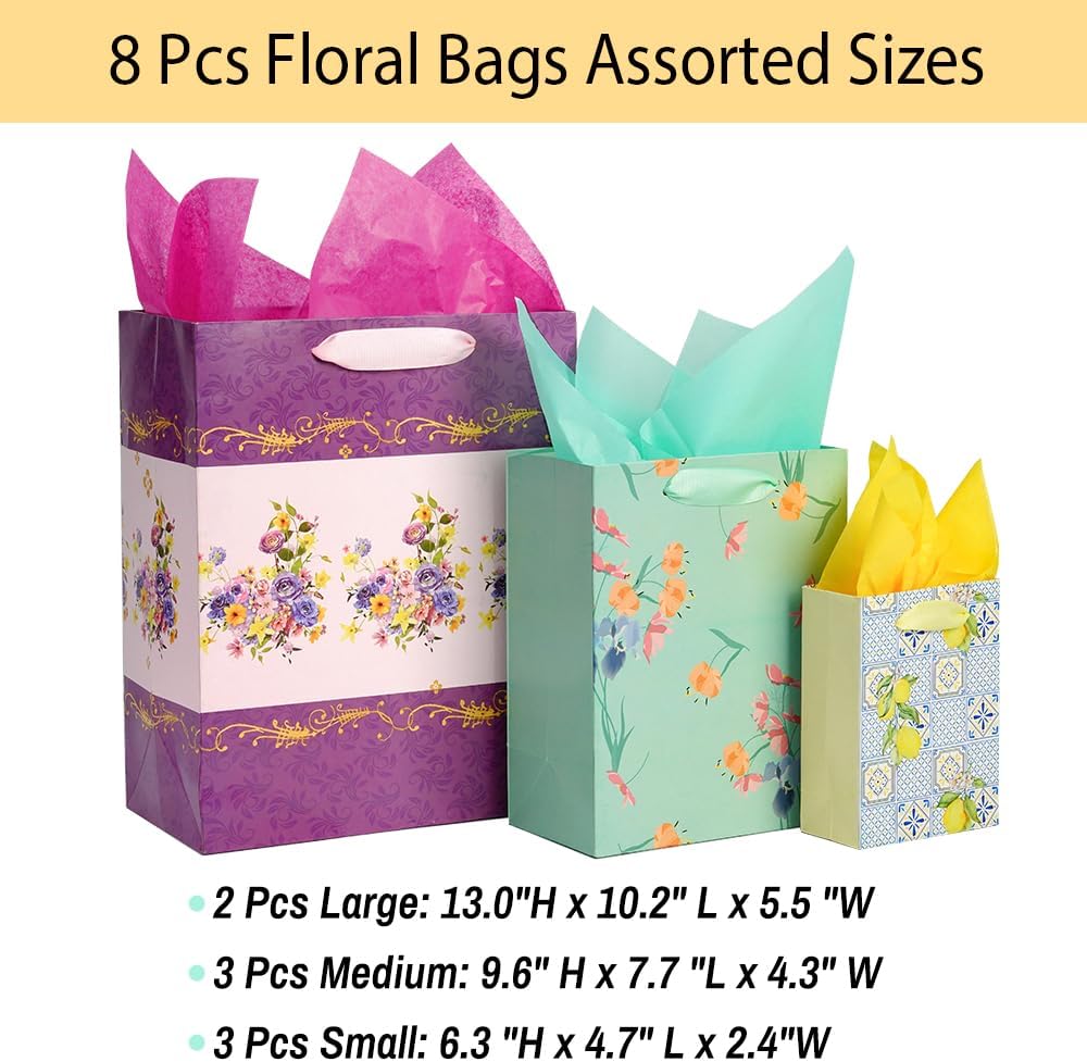 8 Pack Floral Kraft Gift Bags Assorted Sizes with Tissue Paper
