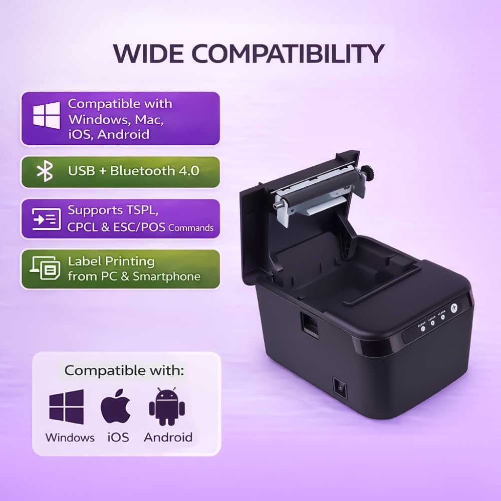 80mm Thermal Receipt Printer - USB & Ethernet POS Printer - Auto Cutter | Thermal Printer 1D 2D Barcodes - Cash