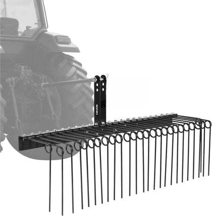60 in Tow Behind Landscape Rake, 3 Point Hitch Lawn Dethatcher Rake, 26 Spring Steel Tines, for Category 1 Tractors