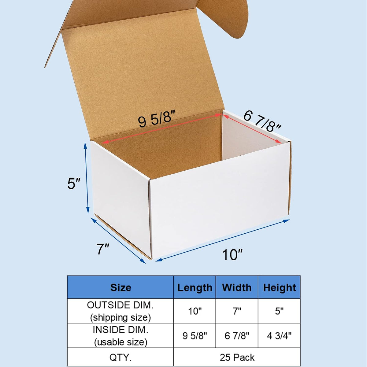 10x7x5" 25 Pack Shipping Boxes - White Corrugated Cardboard Mailing Boxes for Small Business - Flat Empty Literature