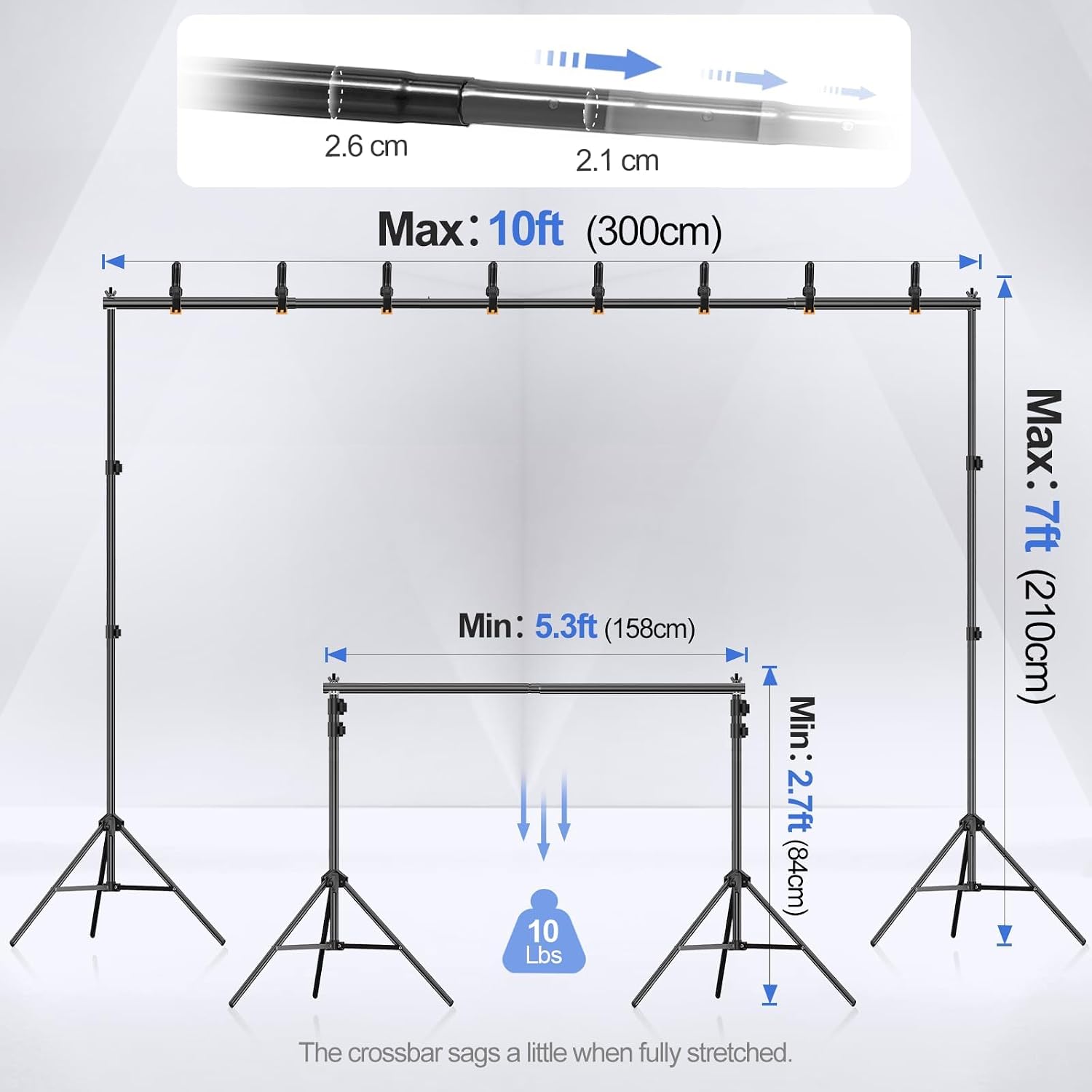 Backdrop Stand 10x7FT Adjustable Back Drop Stand for Party Photoshoot | Background Stand Backdrop with 8 Clamps, 2