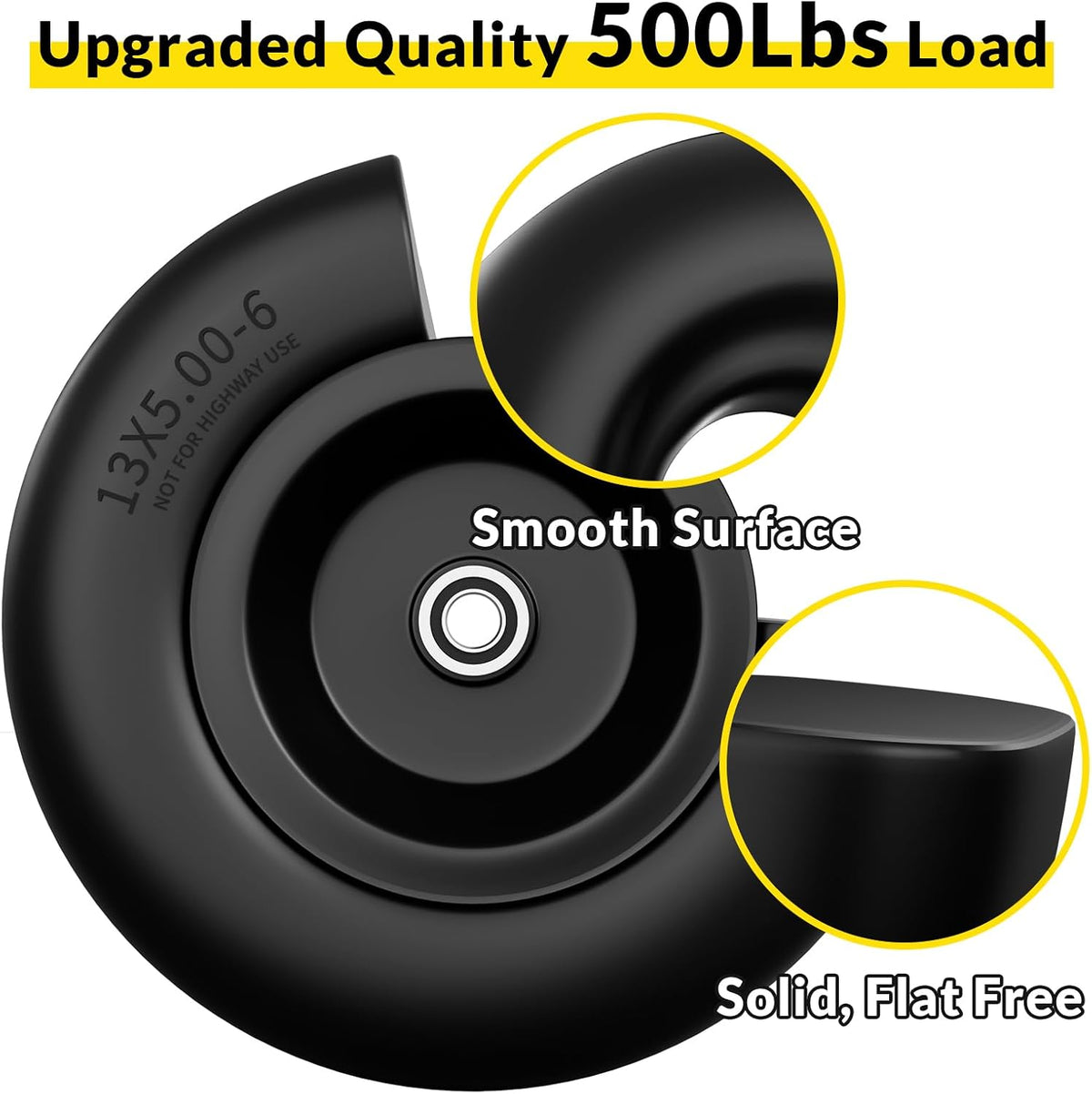 13x5.00-6 Flat Free Lawn Mower Tires and Wheel, for Zero Turn Mower | Universal 3/4", 5/8", 1/2" Bearings, 500 lbs