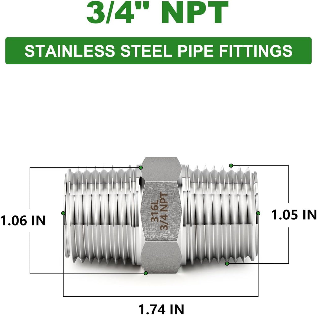TAISHER 2PCS Forging of 316L Stainless Steel Hex Nipple, 3/4" NPT Male Pipe Fitting