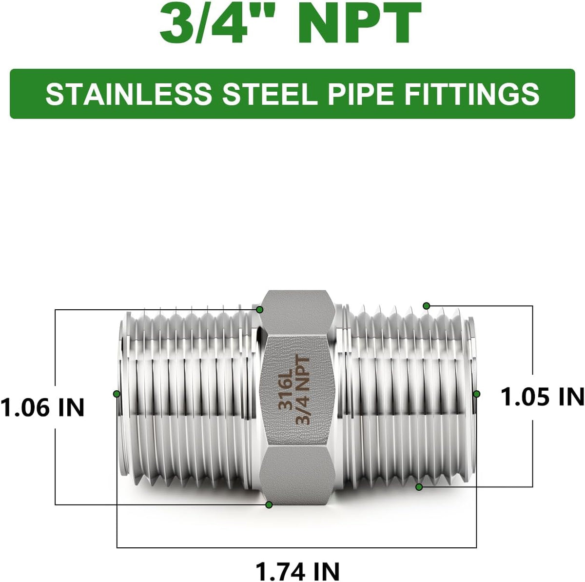 TAISHER 2PCS Forging of 316L Stainless Steel Hex Nipple, 3/4" NPT Male Pipe Fitting