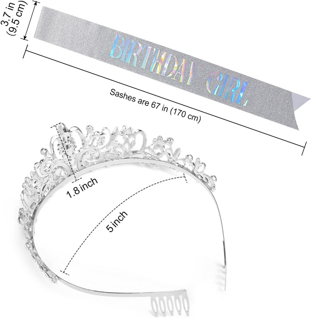 Birthday Sash & Tiara Set - Aurora Borealis Rhinestone Tiara + Silver Sash for Women's Birth Party Decoration Kit