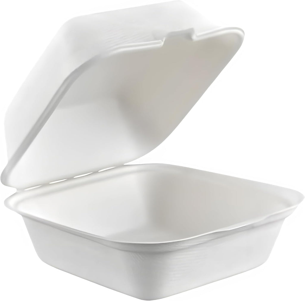 100% Compostable Clamshell Single Compartment Take Out Food Containers 6x6". 25 Containers, Natural Disposable
