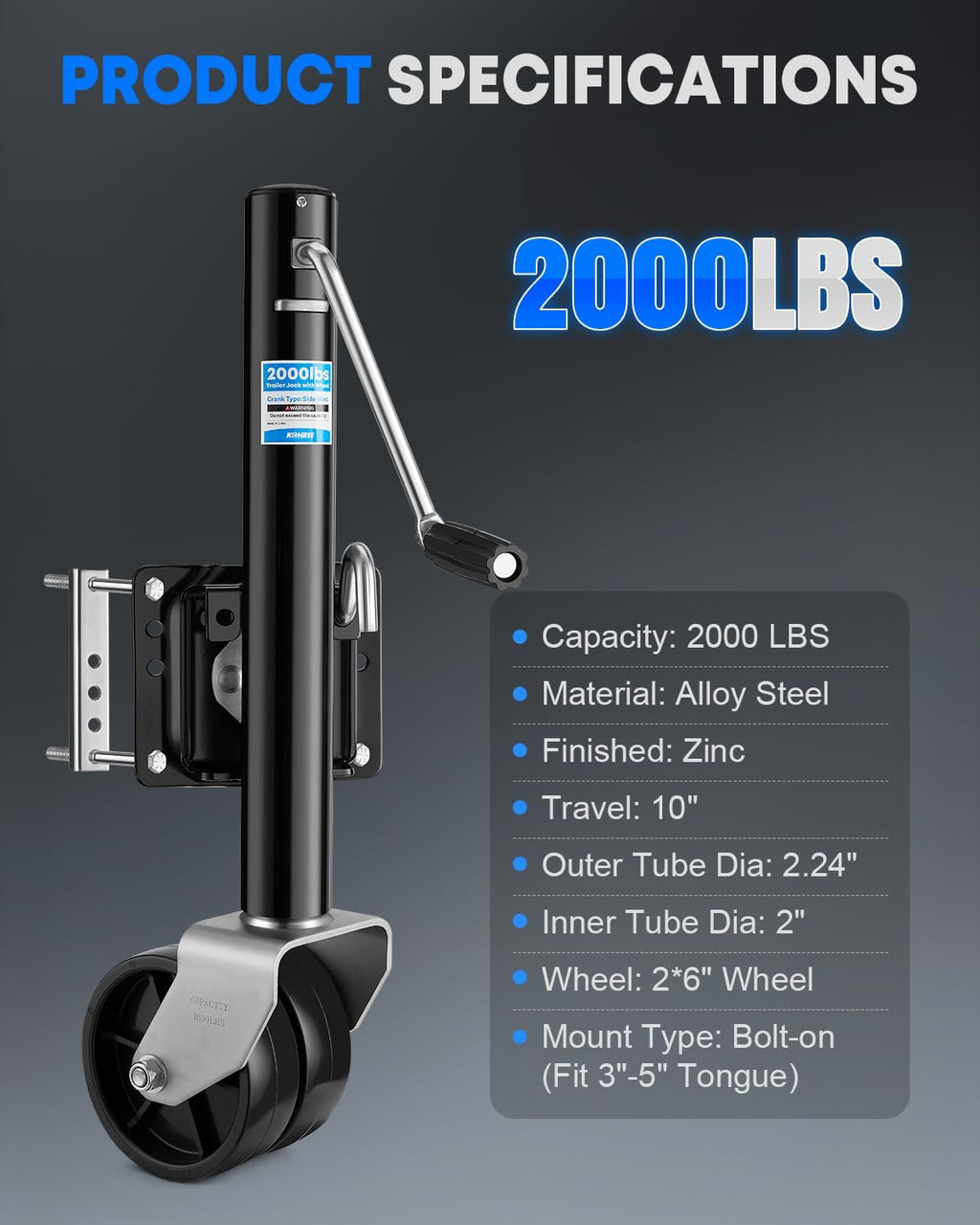 2000 lbs Trailer Jack with Dual Wheel, Heavy Duty, 90° Swivel