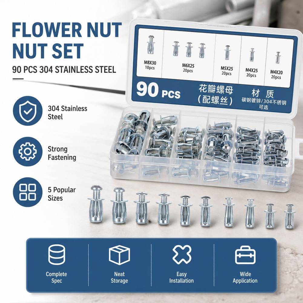 Button Rivet Locking Nuts Set, M4 M5 M6 M8, Flower Nuts Bolts
