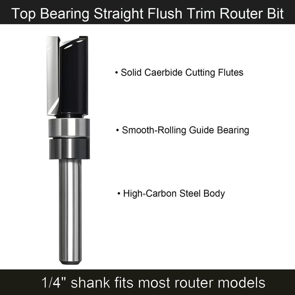 Pattern Flush Trim Router Bit 1/4 Shank Carbide Tipped Router Template Bit | Top Bearing Flush Trim Bits with 5