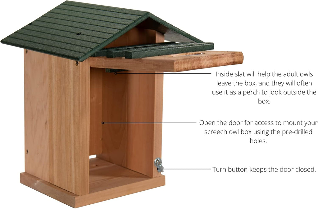 Screech Owl House Cedar Nesting Box with Poly Lumber Roof, Saw-Whet Owl Box for Outside, Drainage Ventilation, Easy