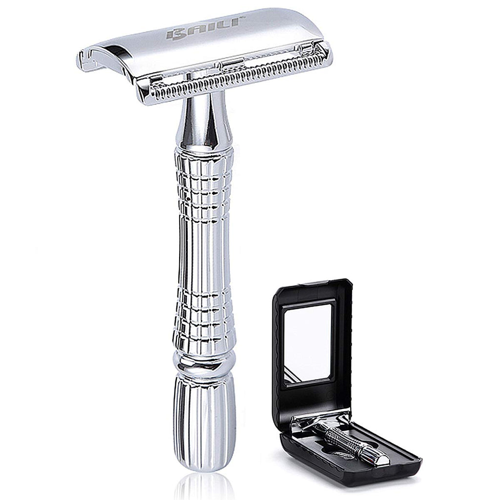 Classic 3-Piece Double Edge Safety Razor Wet Shaving for Men Women with Platinum Blade and Mirrored Travel Case BD176