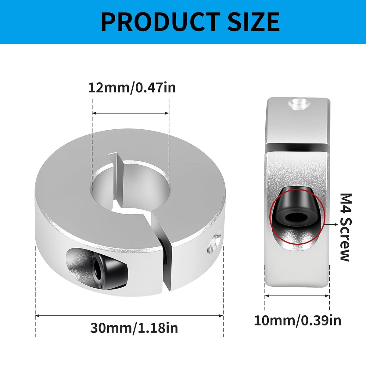 Split Shaft Collar, 4Pcs 12mm Aluminum One Piece Shaft Locking Collars, 12mm Bore Diameter, 30mm OD, 10mm Thickness, with M4 Set Screws