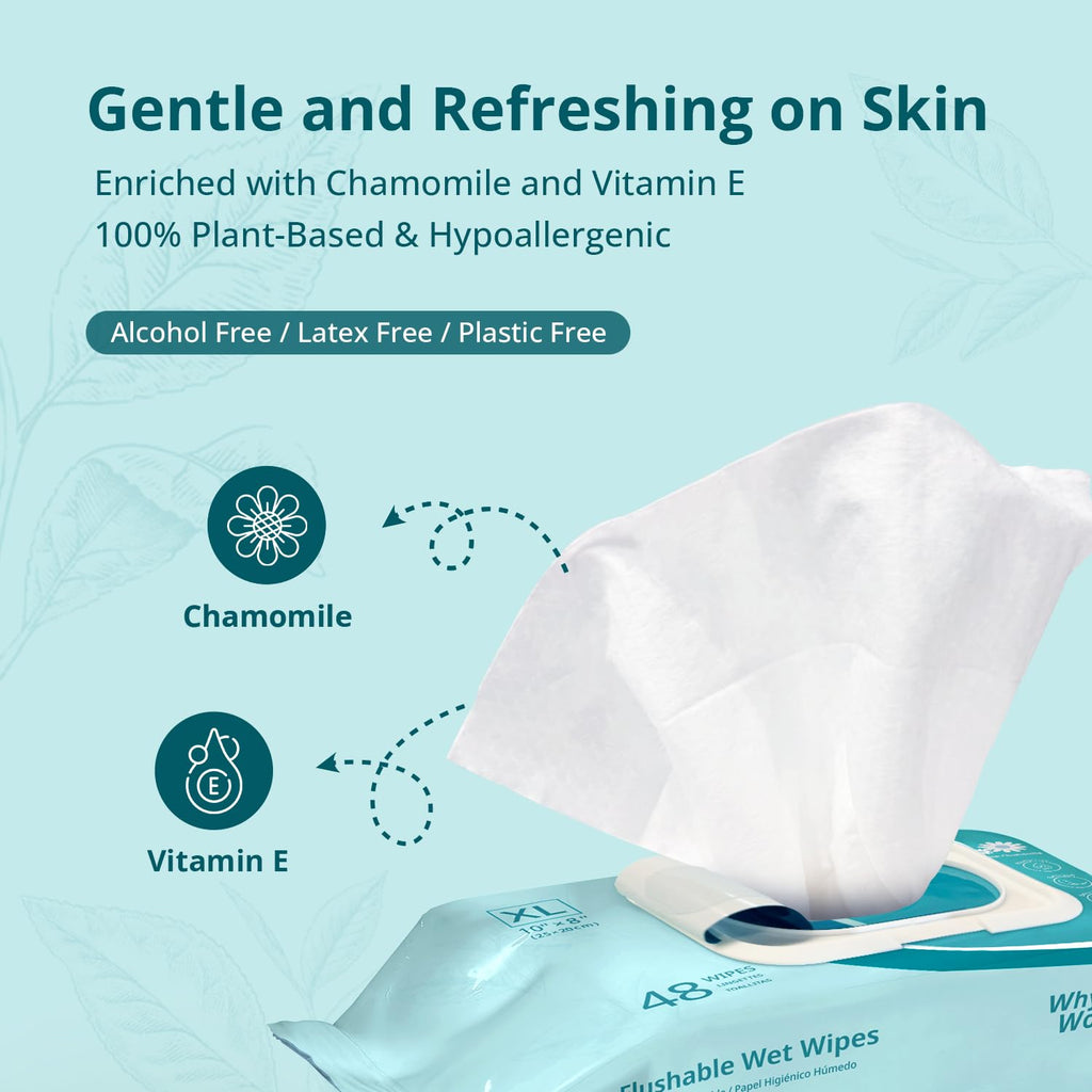 Flushable Wipes for Adults, Unscented, 8" x 10", 144 Count