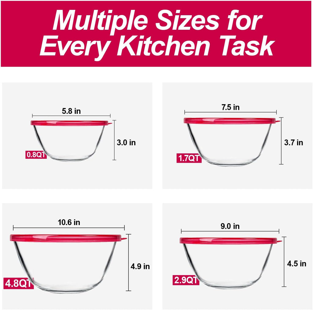 4 Pack Glass Mixing Bowls Set with Lids (4.8QT, 2.9QT, 1.7QT, 0.8QT), Glass Nesting Bowls for Kitchen Baking, Cooking