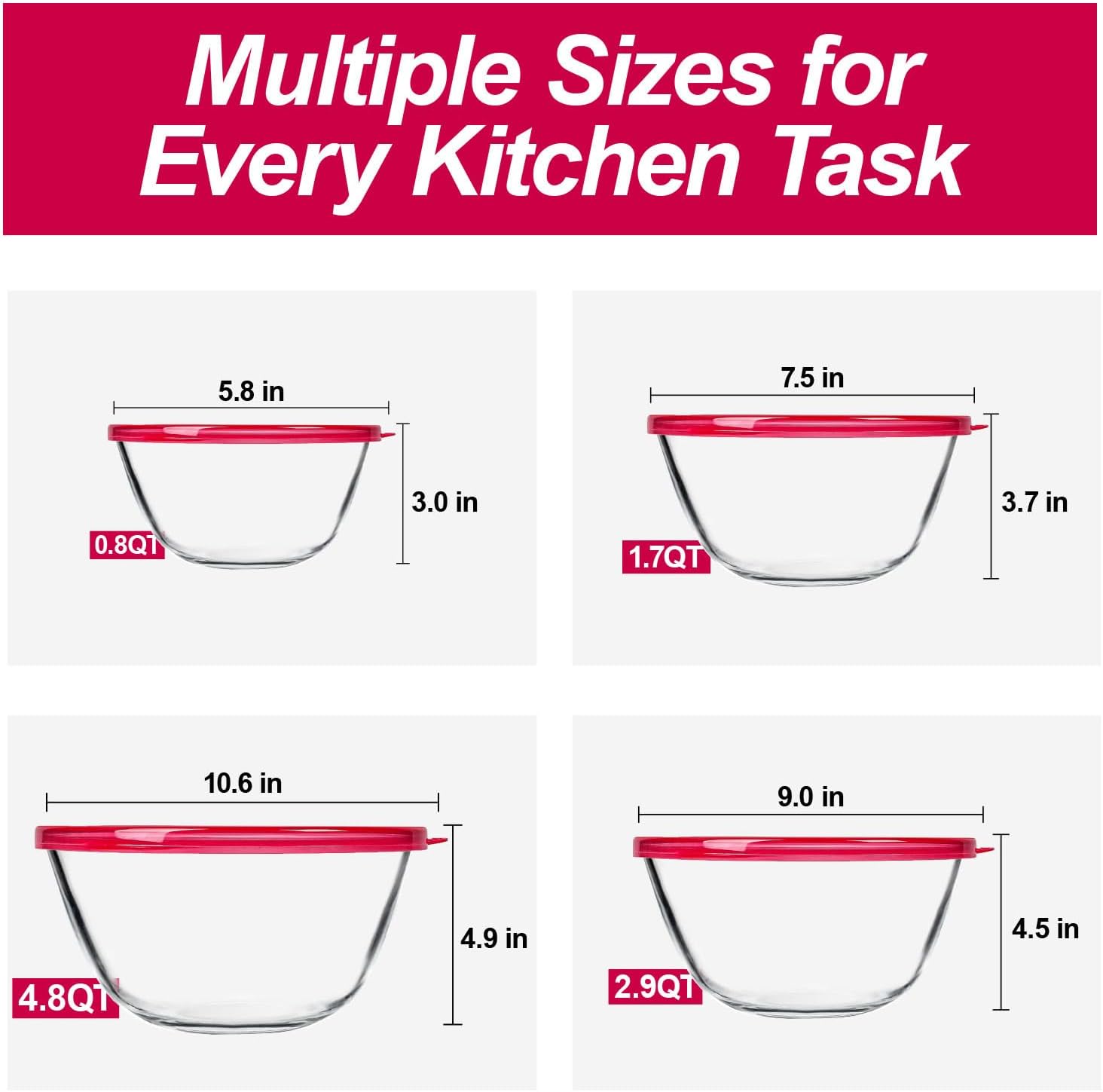 4 Pack Glass Mixing Bowls Set with Lids (4.8QT, 2.9QT, 1.7QT, 0.8QT), Glass Nesting Bowls for Kitchen Baking, Cooking