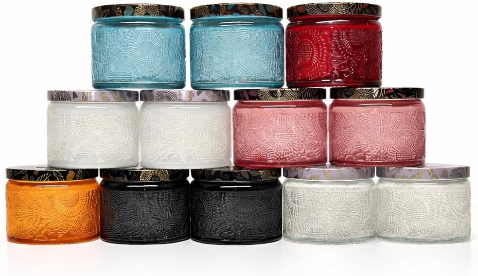 12-Pack 4oz (120ml) Embossed Glass Candle Jars with Lids, Labels & Wicks - Empty Candle Containers for Candle Making