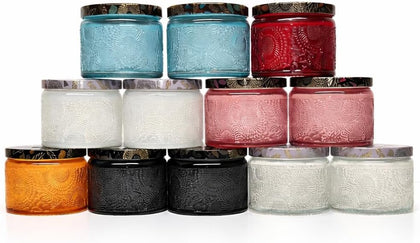 12-Pack 4oz (120ml) Embossed Glass Candle Jars with Lids, Labels & Wicks - Empty Candle Containers for Candle Making