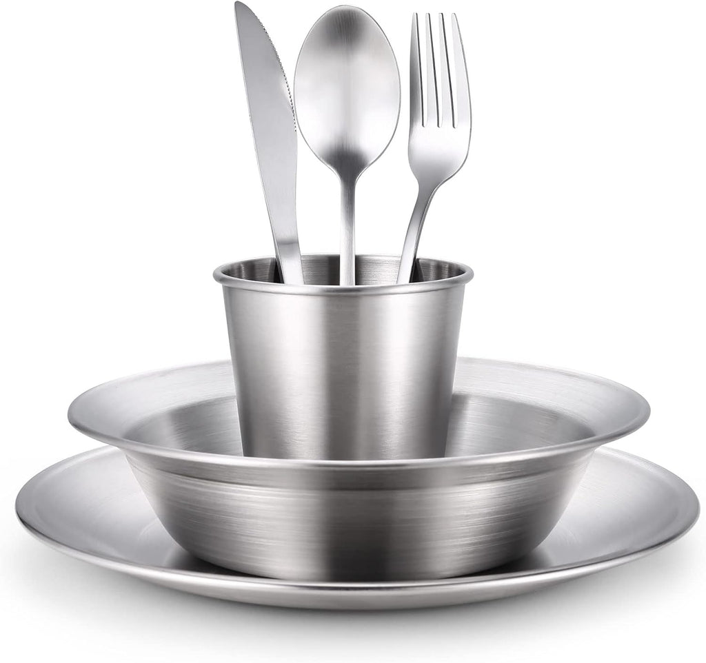 Stainless Steel Camping Mess Kit for Family & Person | Cooking Tableware Utensils with Plates Bowls Forks Spoons