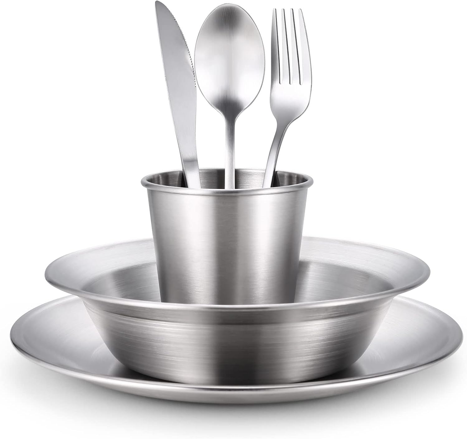 Stainless Steel Camping Mess Kit for Family & Person | Cooking Tableware Utensils with Plates Bowls Forks Spoons