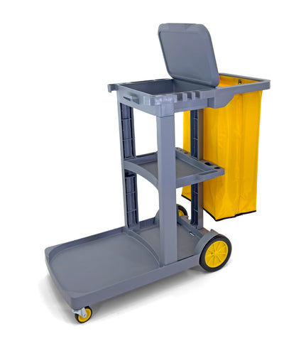 Compact Size Janitorial Cart | 3 Shelves | 25 Gallon Vinyl Bag with Cover | 450 LBS Capacity | Gray