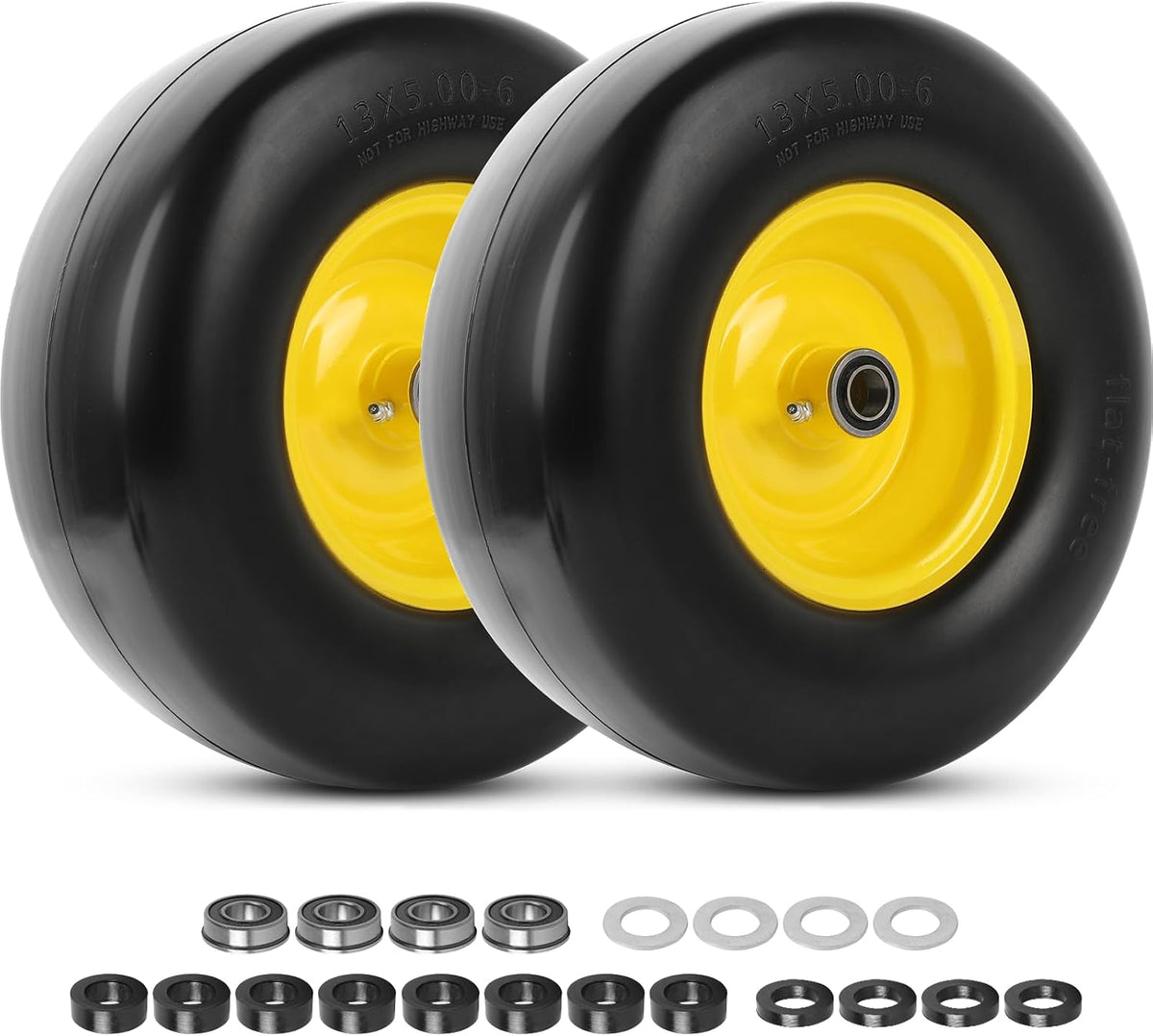 (2-Pack) 13x5.00-6 Flat Free Lawn Mower Tire and Wheel- Solid Smooth Tread Replacement Front Tire for Riding Zero