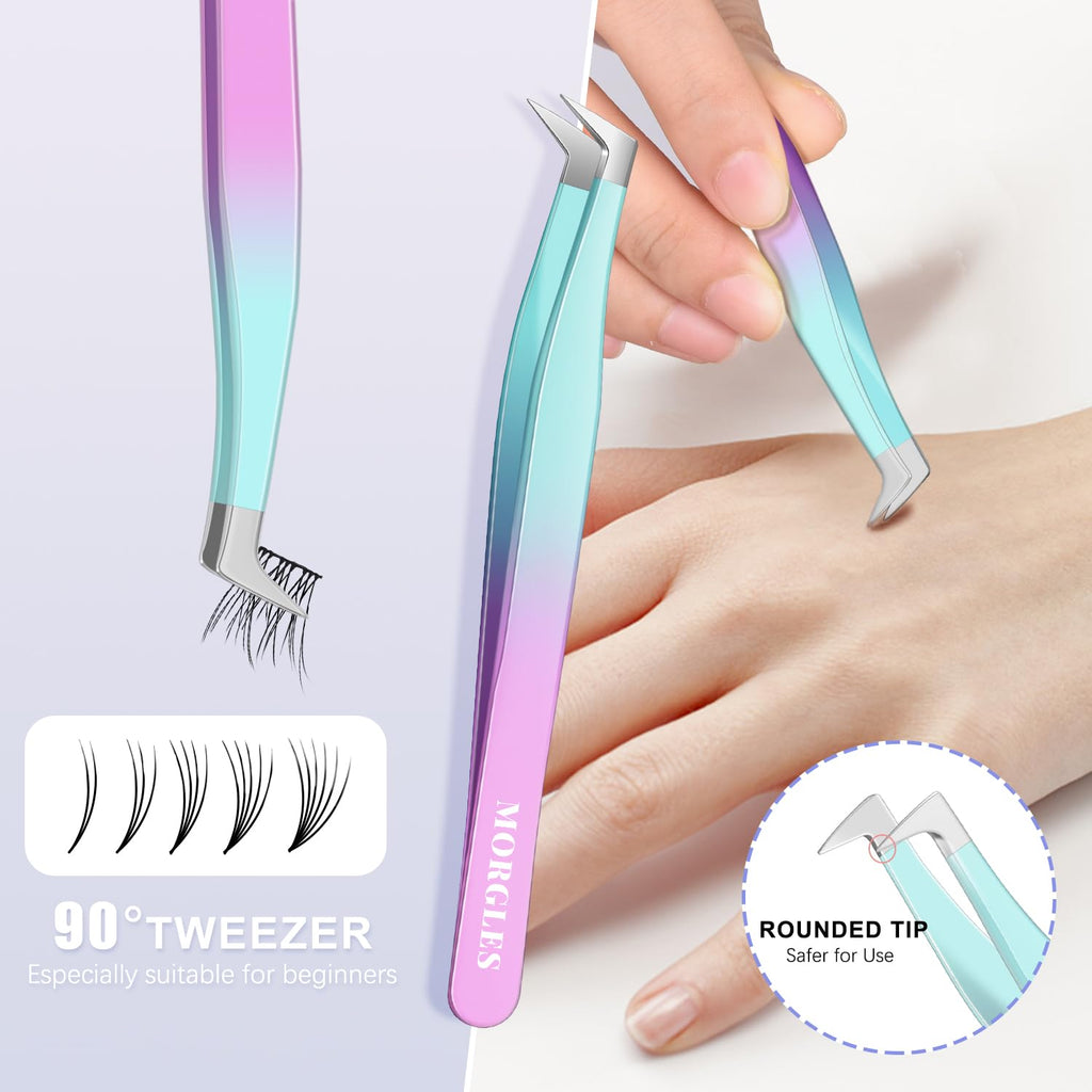 5 PCS Lash Tweezers Set for Eyelash Clusters | High-Precision Eyelash Tweezers Kit for Lash Extensions with Leather