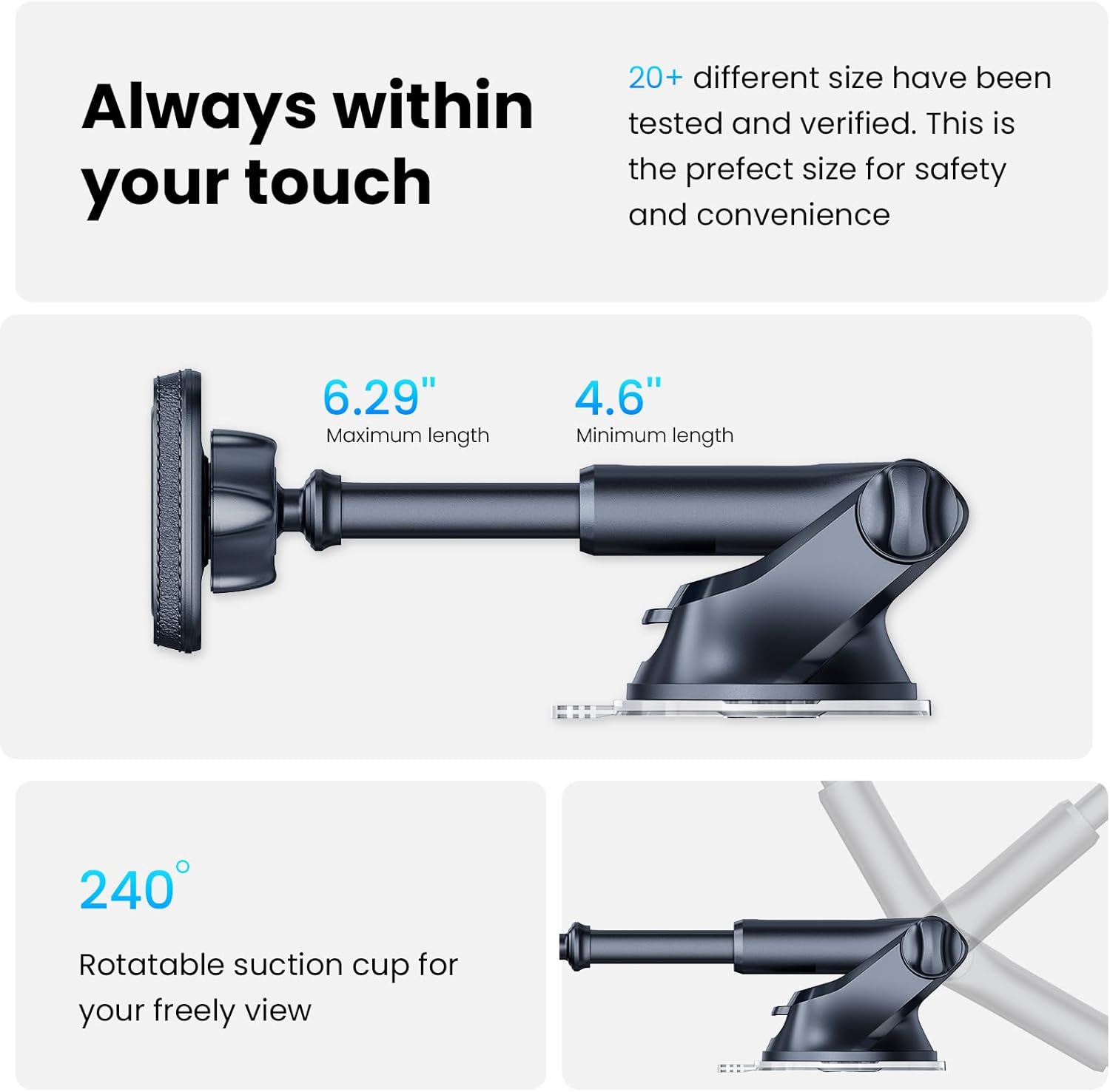 Magnetic Phone Mount for Car, Dashboard & Windshield Suction Cup Holder with Telescopic Arm, Requires Metal Plate for