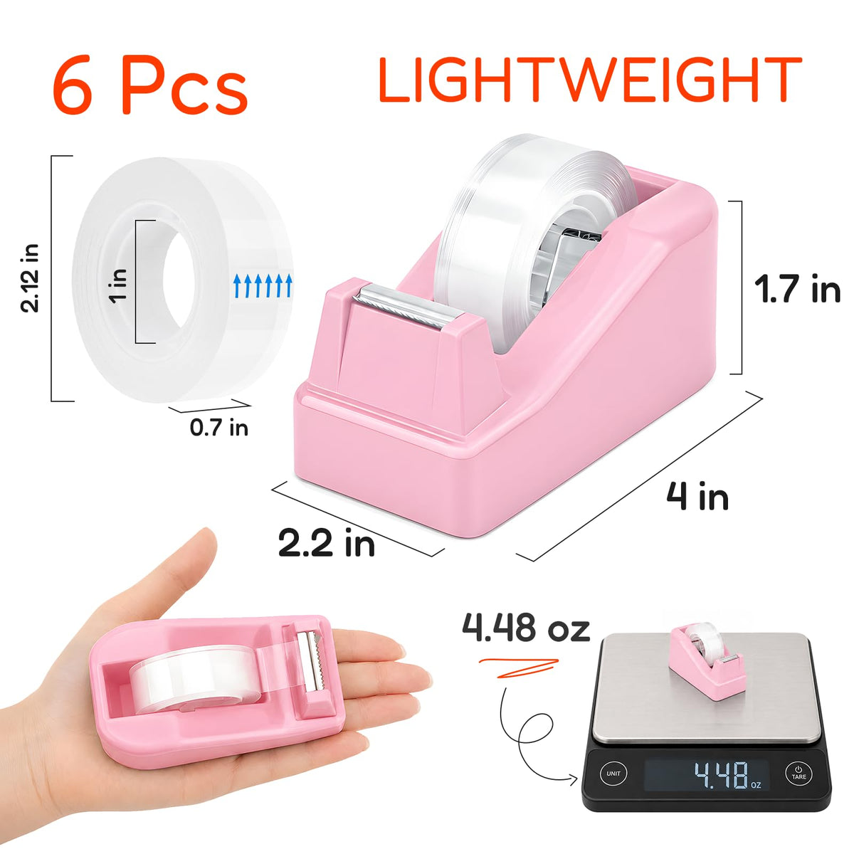 Lightweight Desktop Tape Dispenser, 6 Rolls Tape, 1-Inch Core