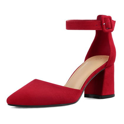 Women's Pointed Toe Pumps Ankle Strap Chunky Block Heel Dress Shoes
