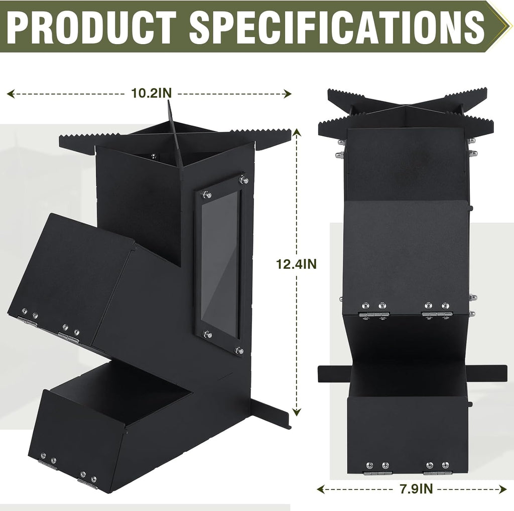 Rocket Stove with Glass Window, Portable Wood Burning Stove for Outdoor Cooking, Heavy Duty Camping Grill, Backyard