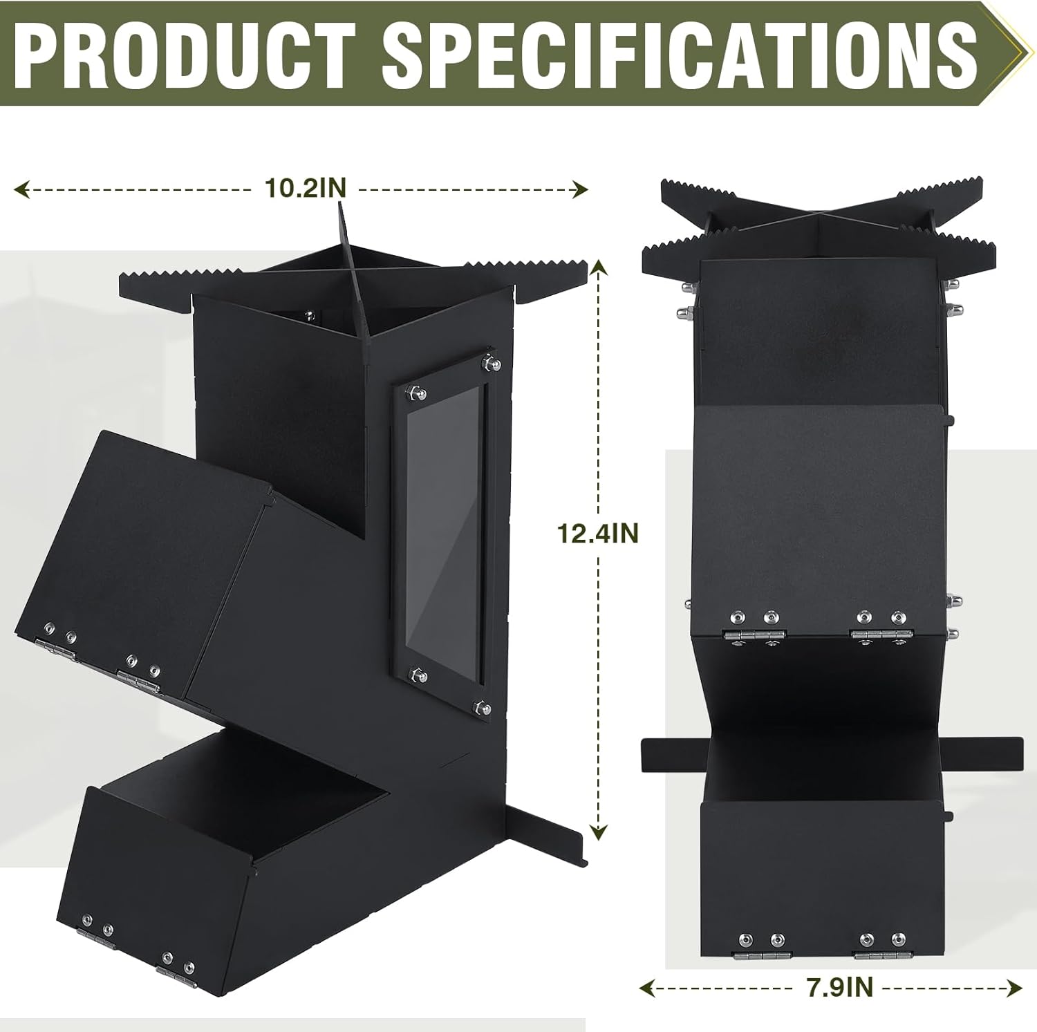 Rocket Stove with Glass Window, Portable Wood Burning Stove for Outdoor Cooking, Heavy Duty Camping Grill, Backyard