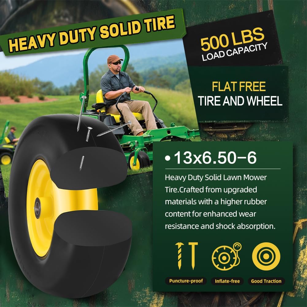 (2 Pack) 13x6.50-6 Flat Free Front Tire and Wheel,13x6.5-6 Lawn Mower Tires, Solid Tractor Turf Tire,5.5"-8" Centered