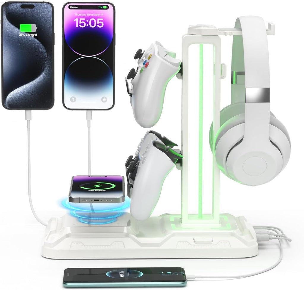 RGB Headphone & Controller Stand with Wireless Charging - Rotatable Headset Stand with 9 Light Modes - Controller