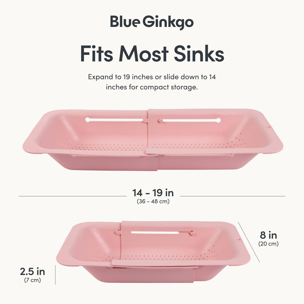 Blue Ginkgo Over Sink Colander, Extendable Kitchen Strainer, 2-Pack, Pink