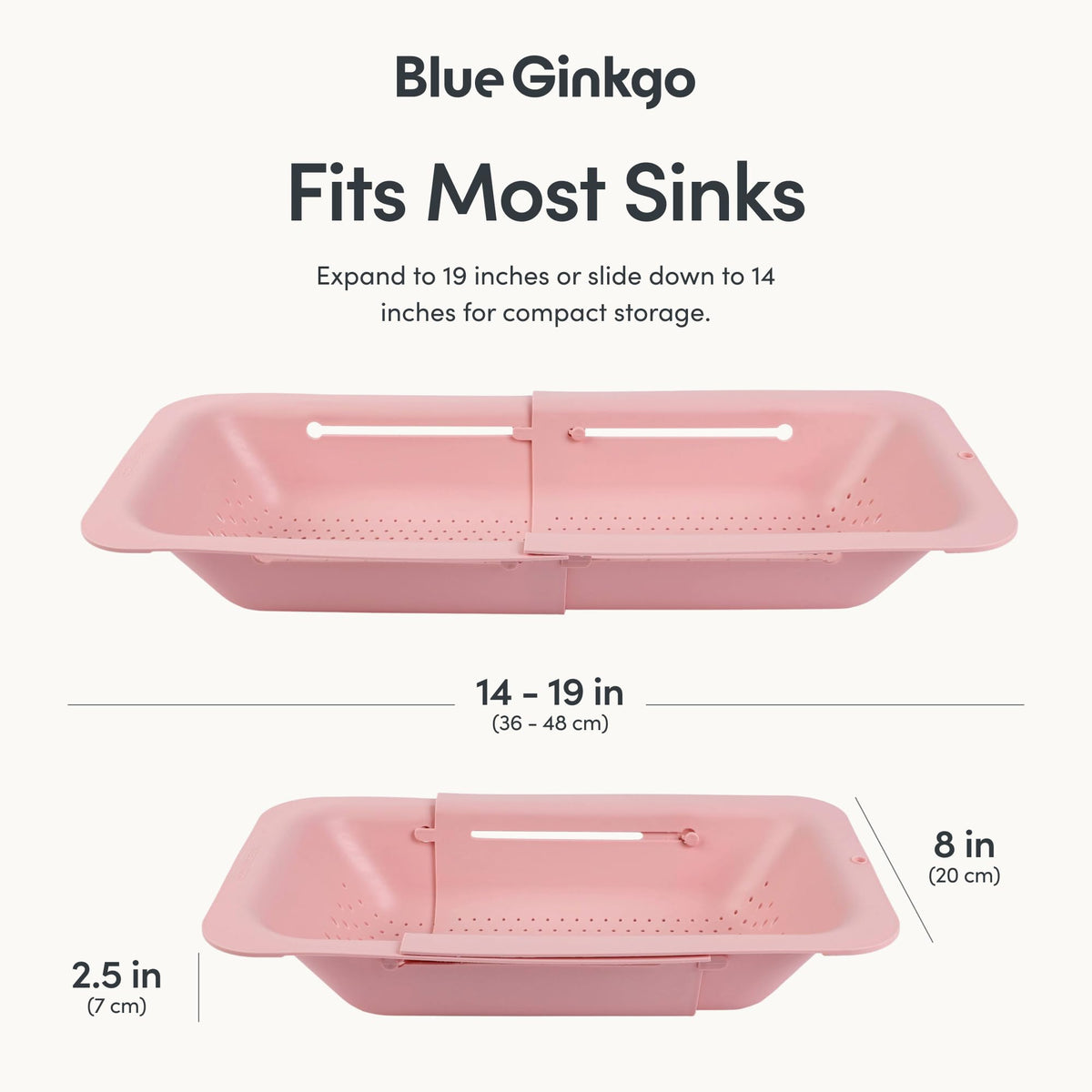 Blue Ginkgo Over Sink Colander, Extendable Kitchen Strainer, 2-Pack, Pink