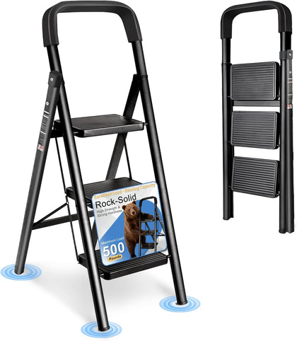 3 Step Ladder Folding Step Stool with Handrail | 500LBS Capacity Sturdy Carbon Steel Frame Anti-Slip Pedal & Feet