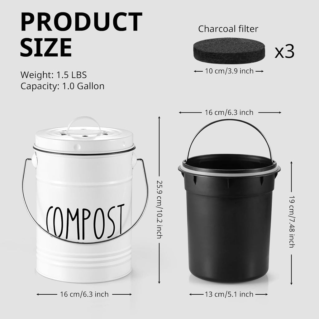 Kitchen Compost Bin, 1 Gallon Countertop Compost Bin with Lid, Indoor Compost Bucket, Includes Inner Bucket Liner and
